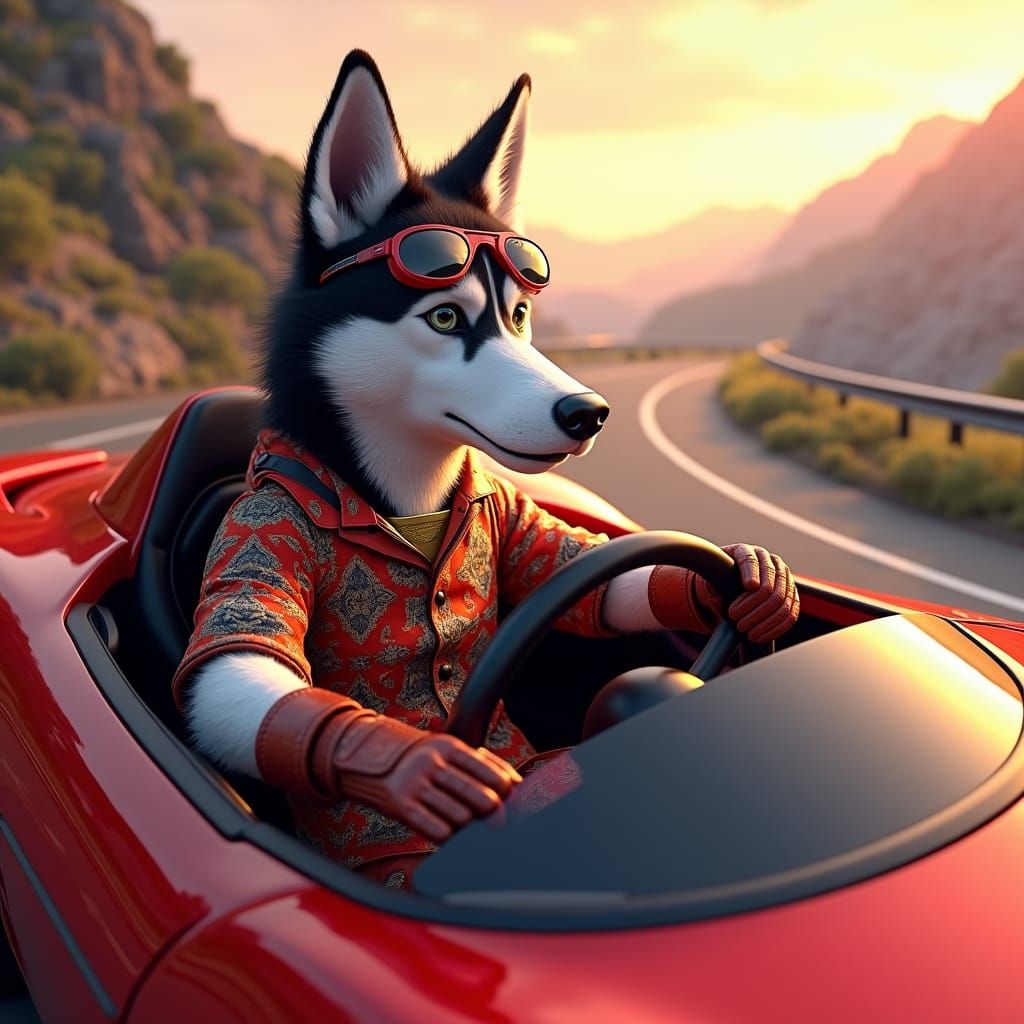 Husky Dog Driving Lamborghini in 3D Render