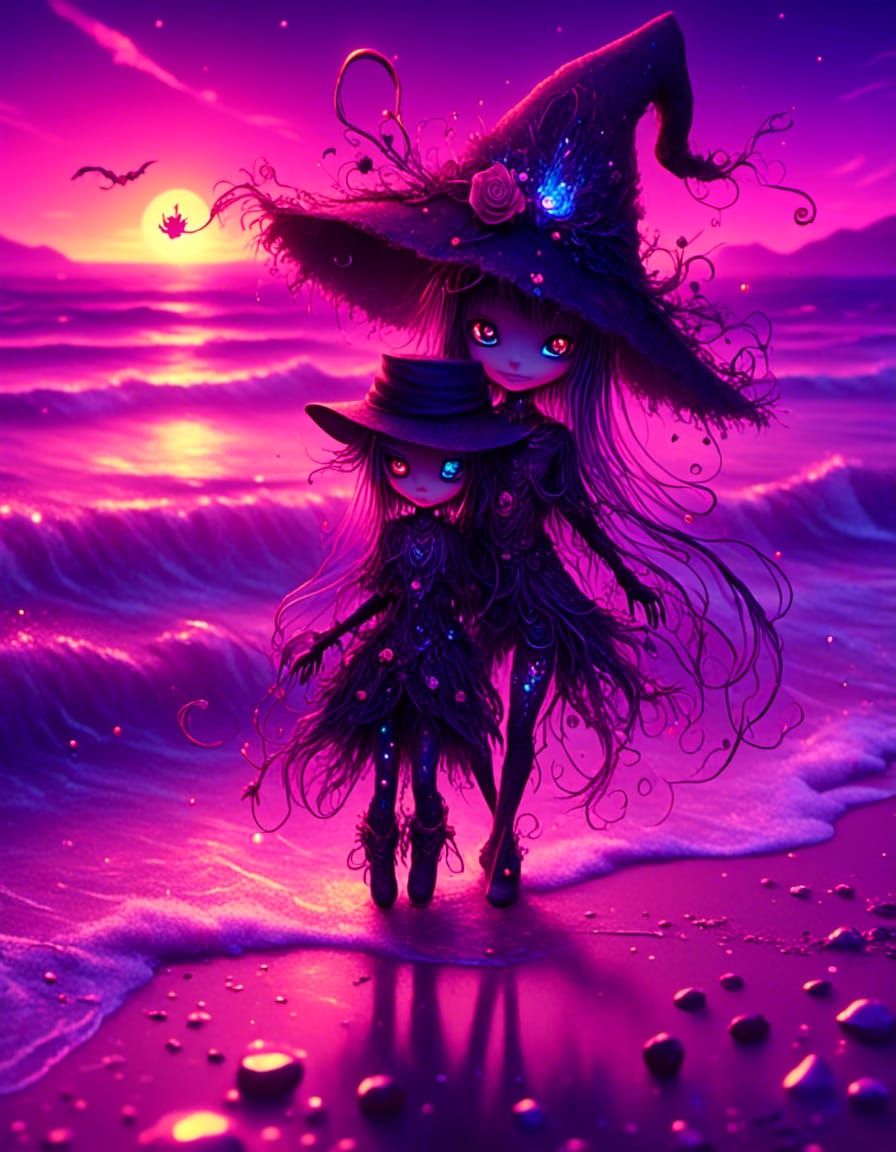 A cute Chibi couple walking on the beach