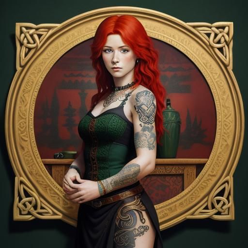 Confident Red-Haired Celtic Woman with Tattoo