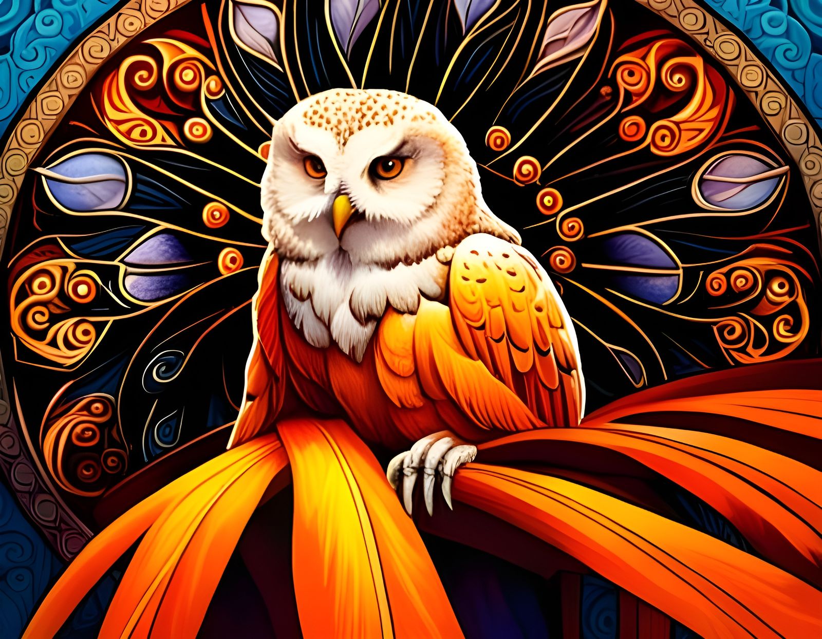 Gorgeous Owl in Garden, Art Nouveau Style