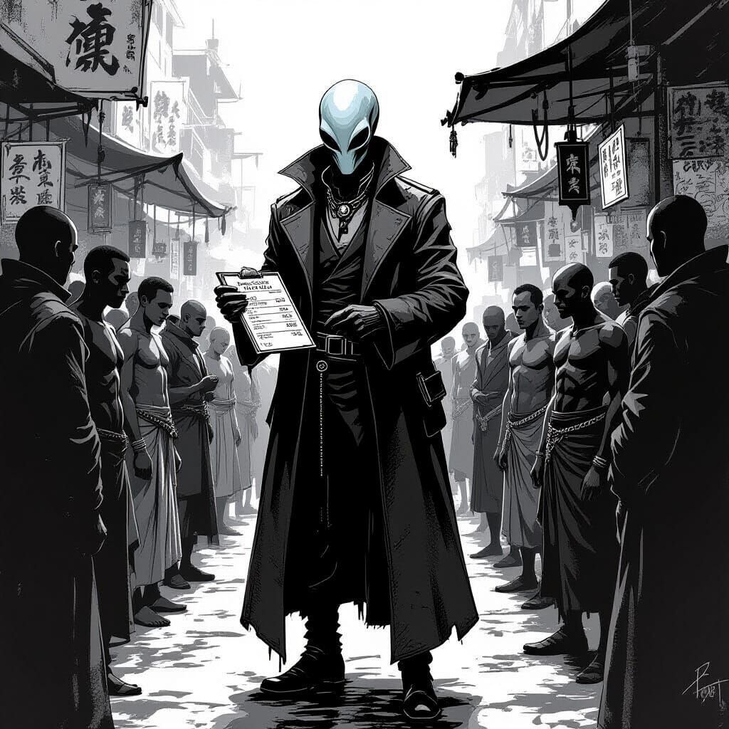 Alien Merchant Selling Humans: Black and White Comic Art