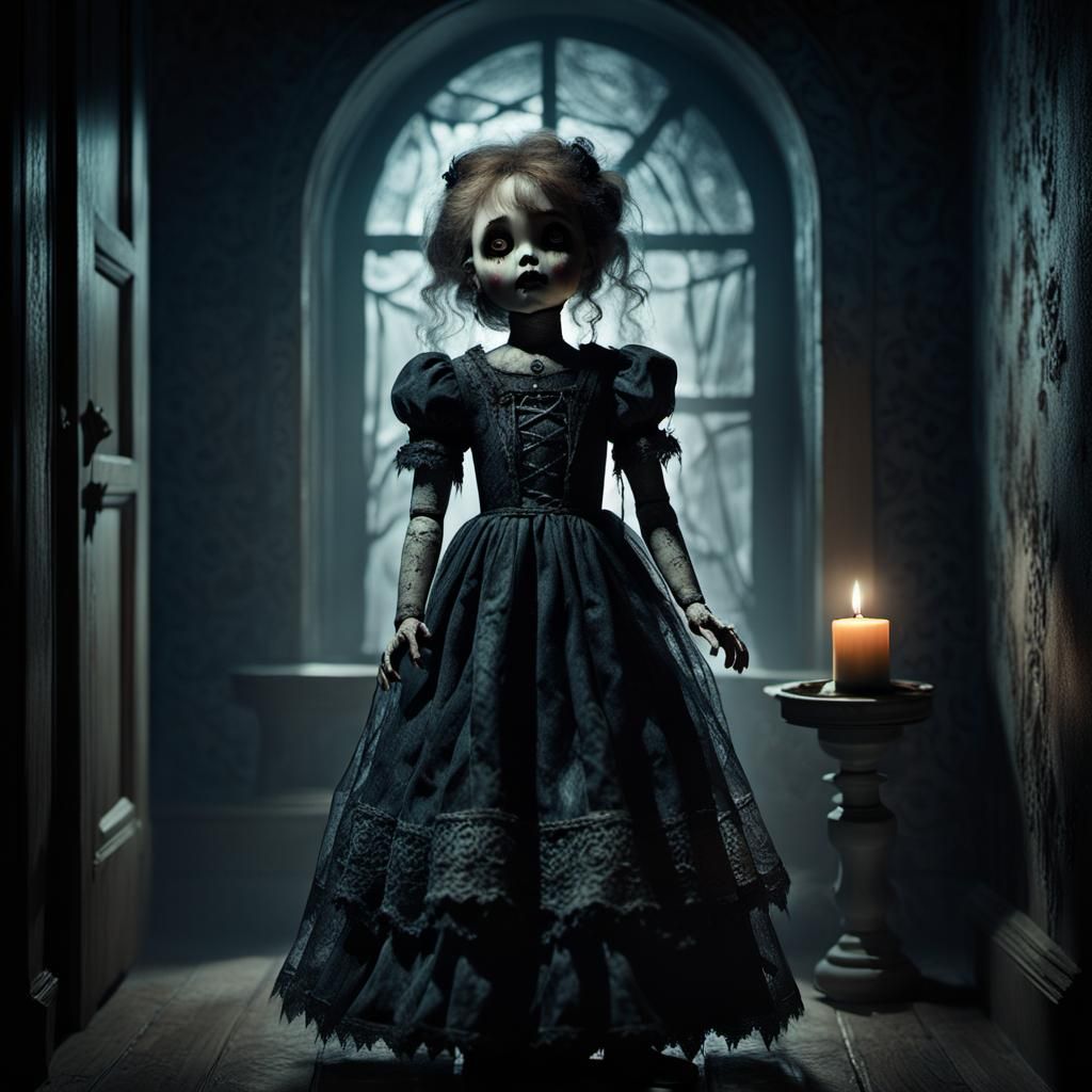 Spooky Doll in Hallway: Dark Fantasy Concept Art