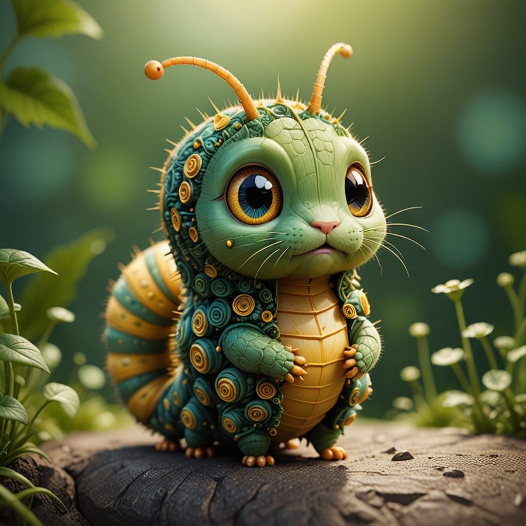 Adorable Chibi Caterpillar in a Golden Ratio Composition
