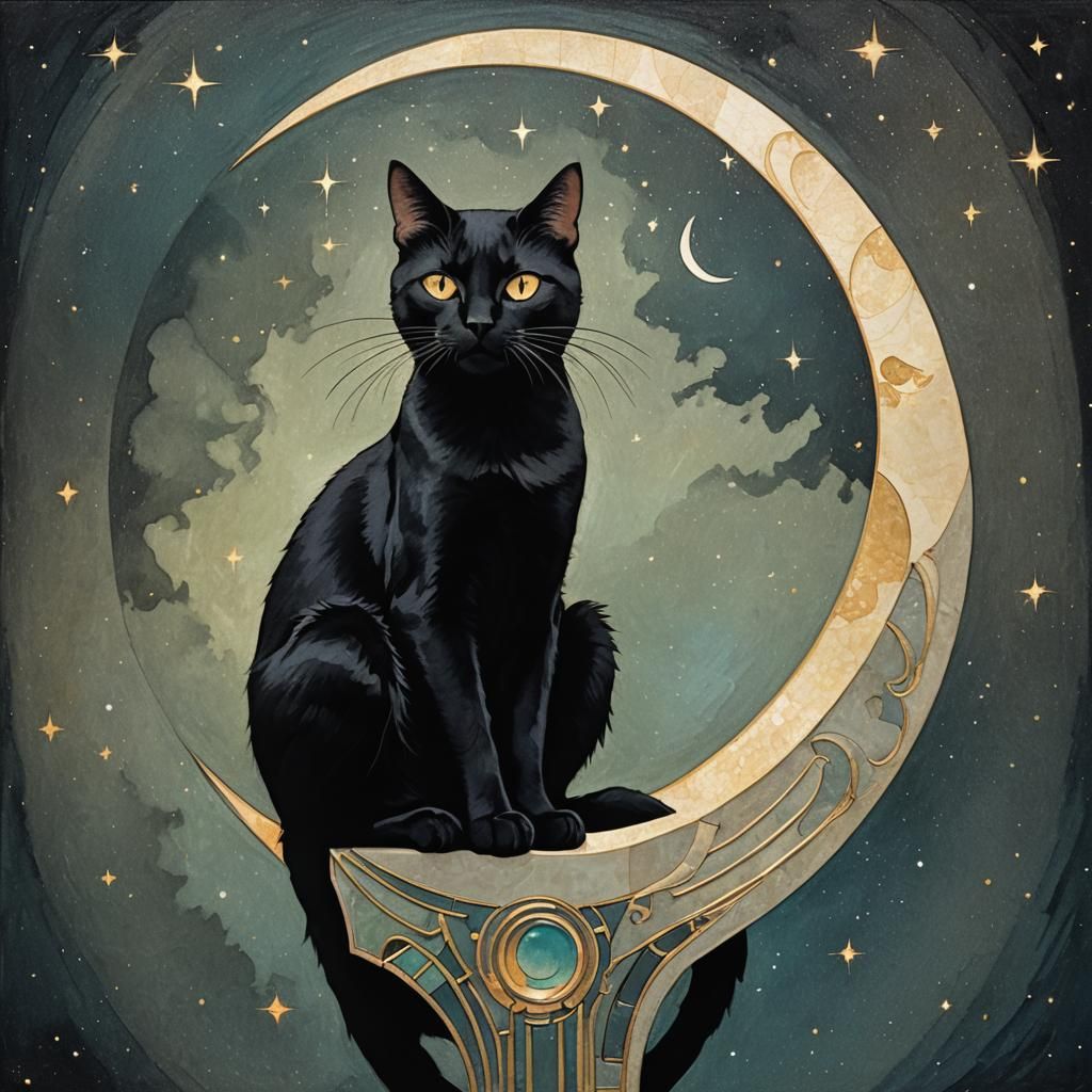 Art Deco Black Cat on the Moon