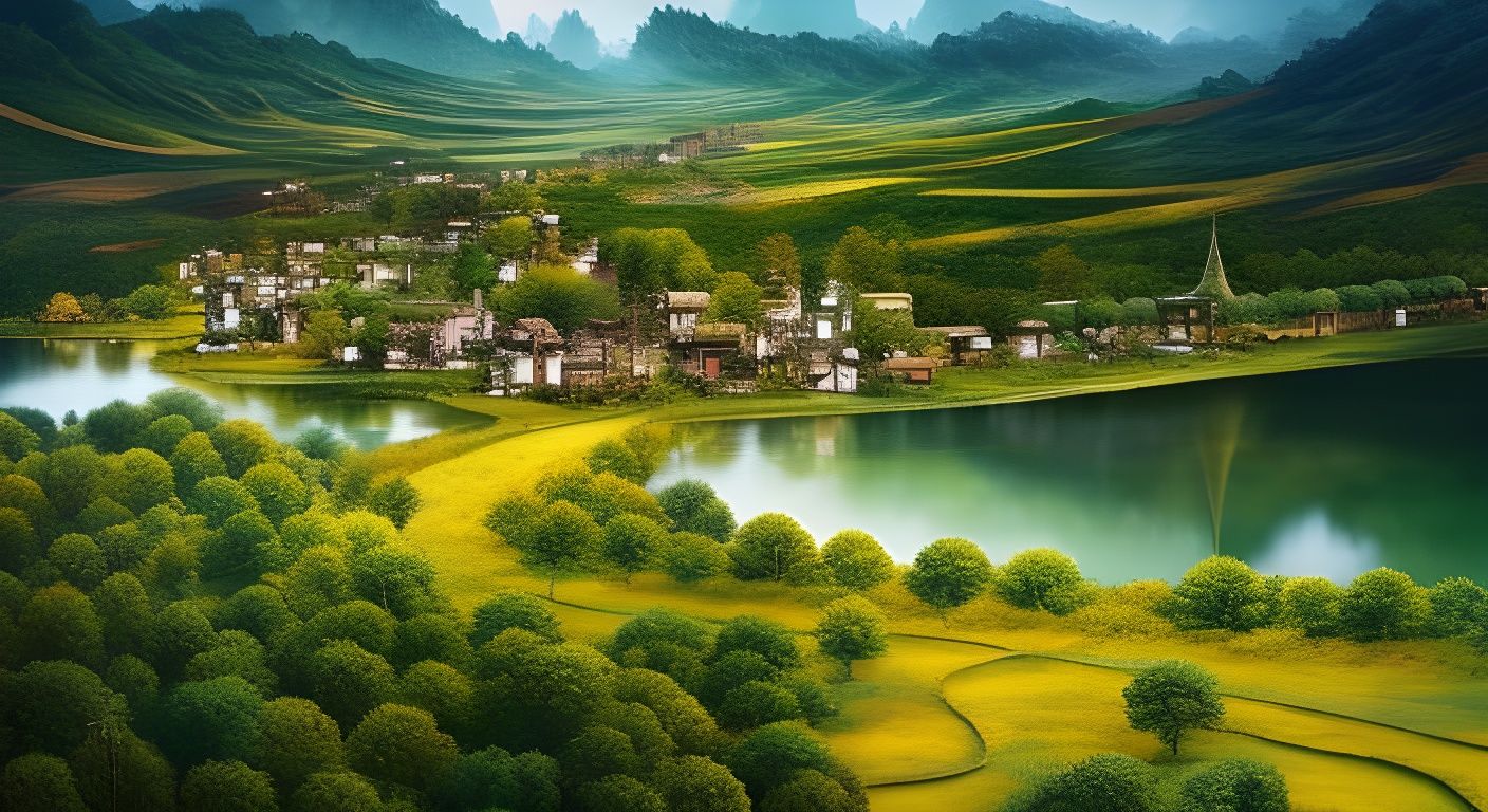Countryside Village by Lake in Fantasycore Style