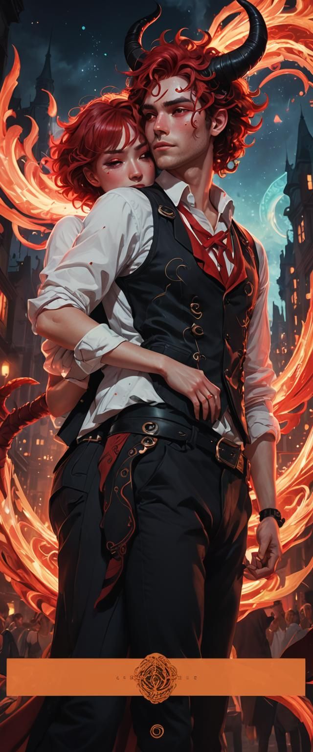 Anime-Inspired Demon Girl Hugs Human in Matte Painting