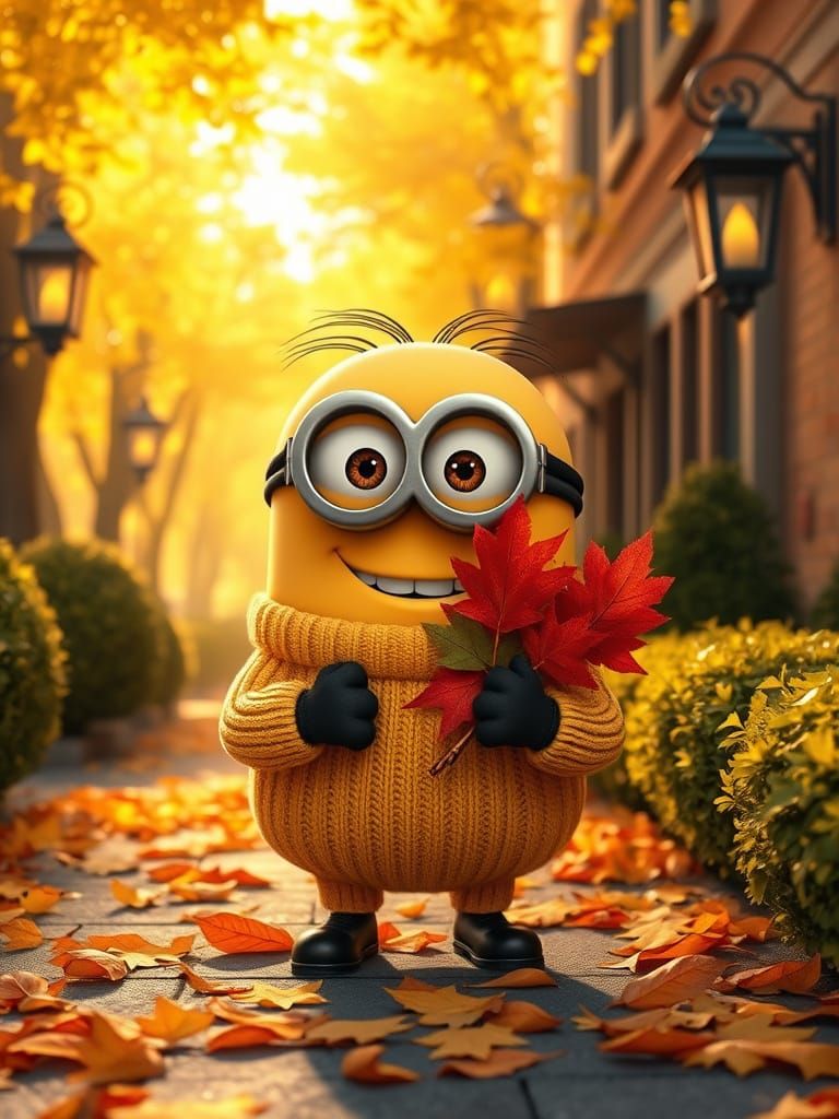 Cute Minion in Yellow Sweater with Autumn Leaves