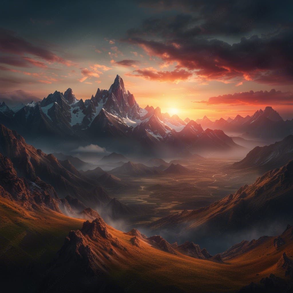 Beautiful mountain landscape with a gorgeous sunrise peaking over the mountain tops