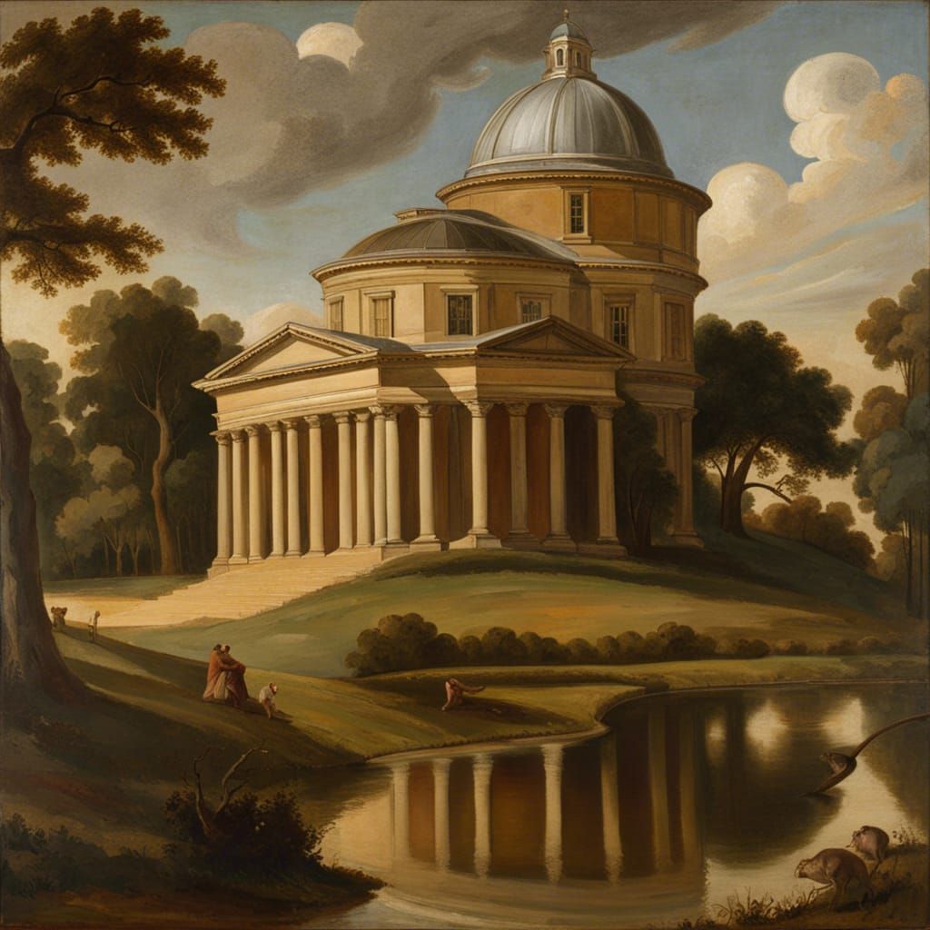 Ickworth House by Lake: Romantic Oil Painting