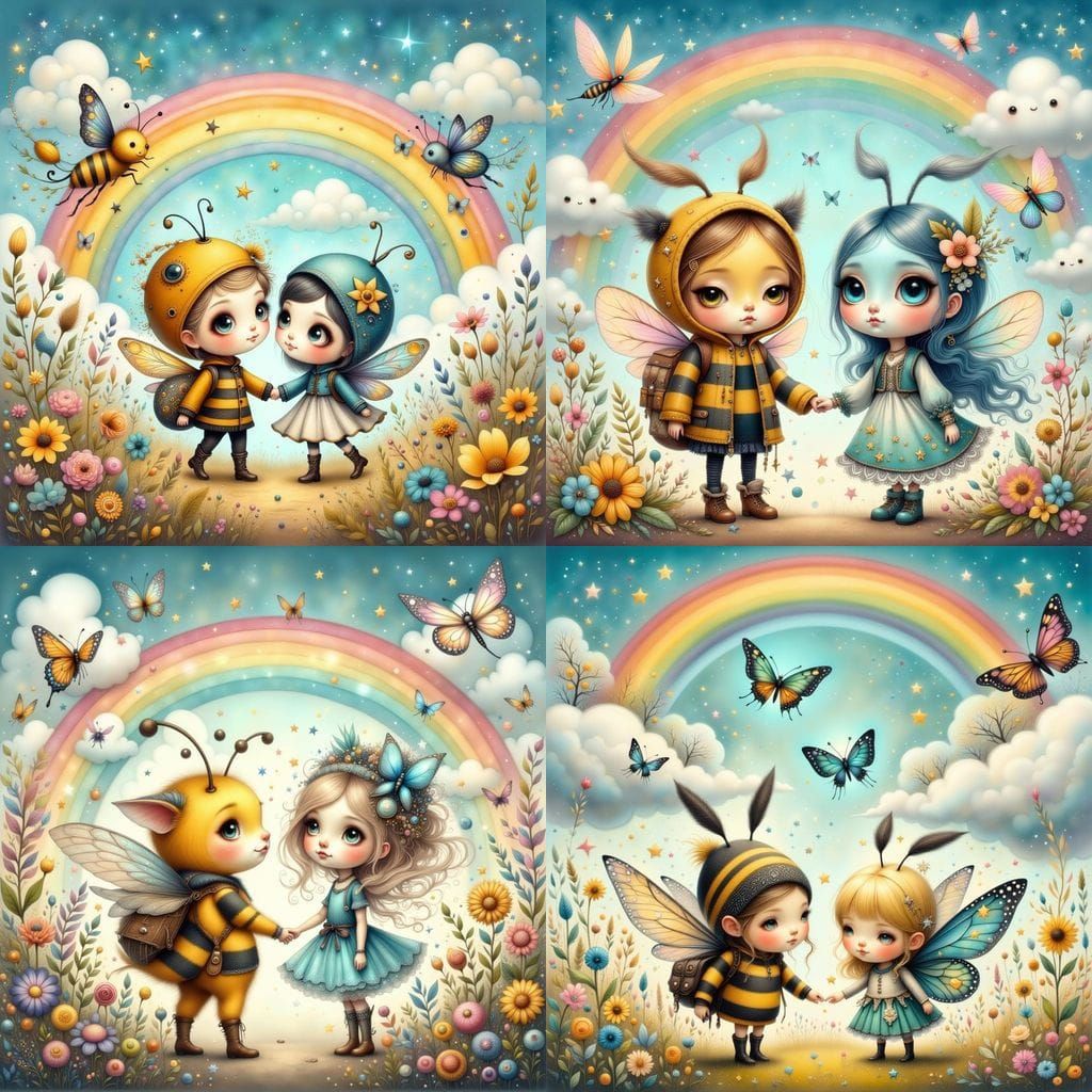 Whimsical Chibi Friends in a Sunny Rainbow Scene