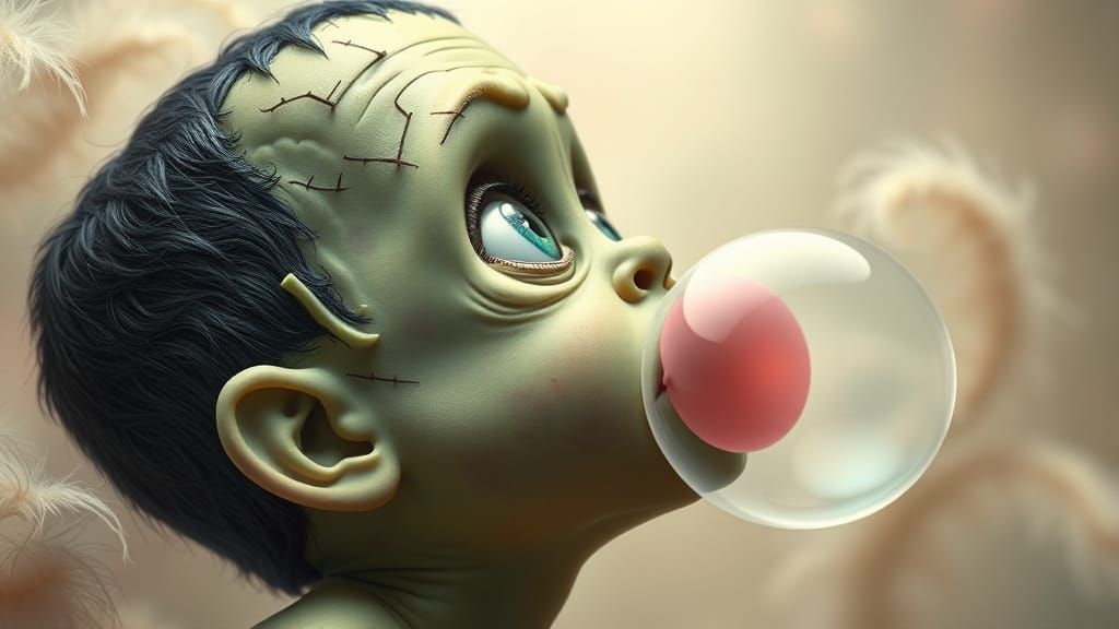 Wide-Eyed Baby Frankenstein Blows Whimsical Gum Bubble