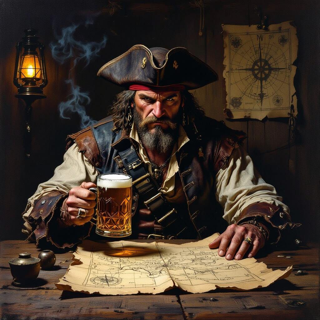 Grizzled Pirate Captain with Map in Tavern, Oil Painting Sty...