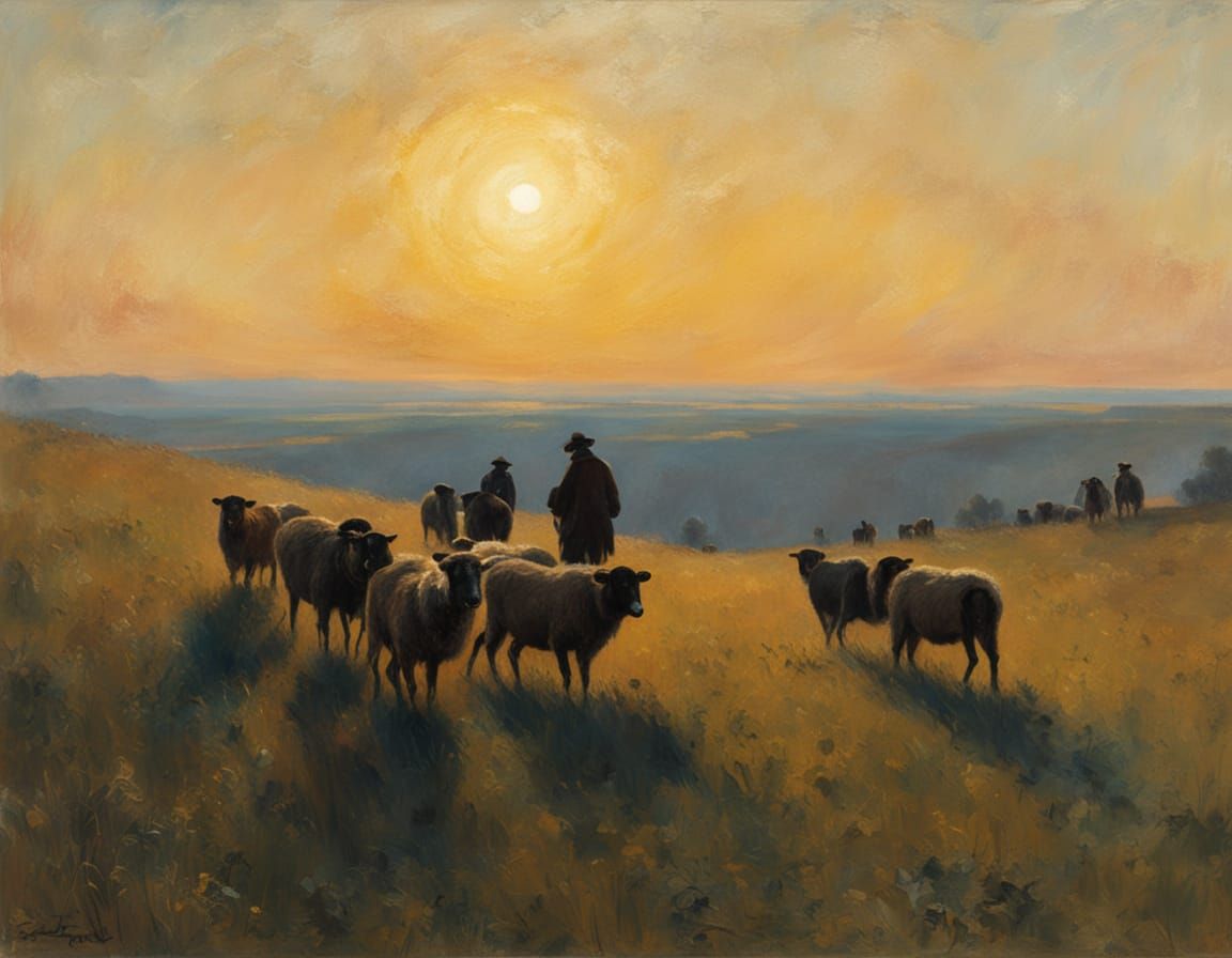 Shepherds Gaze at Eclipsed Sun: A Classical Landscape
