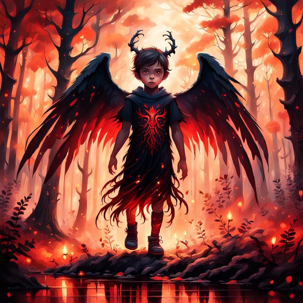 Demonic Child in Mystical Forest: Ethereal Fantasy Art