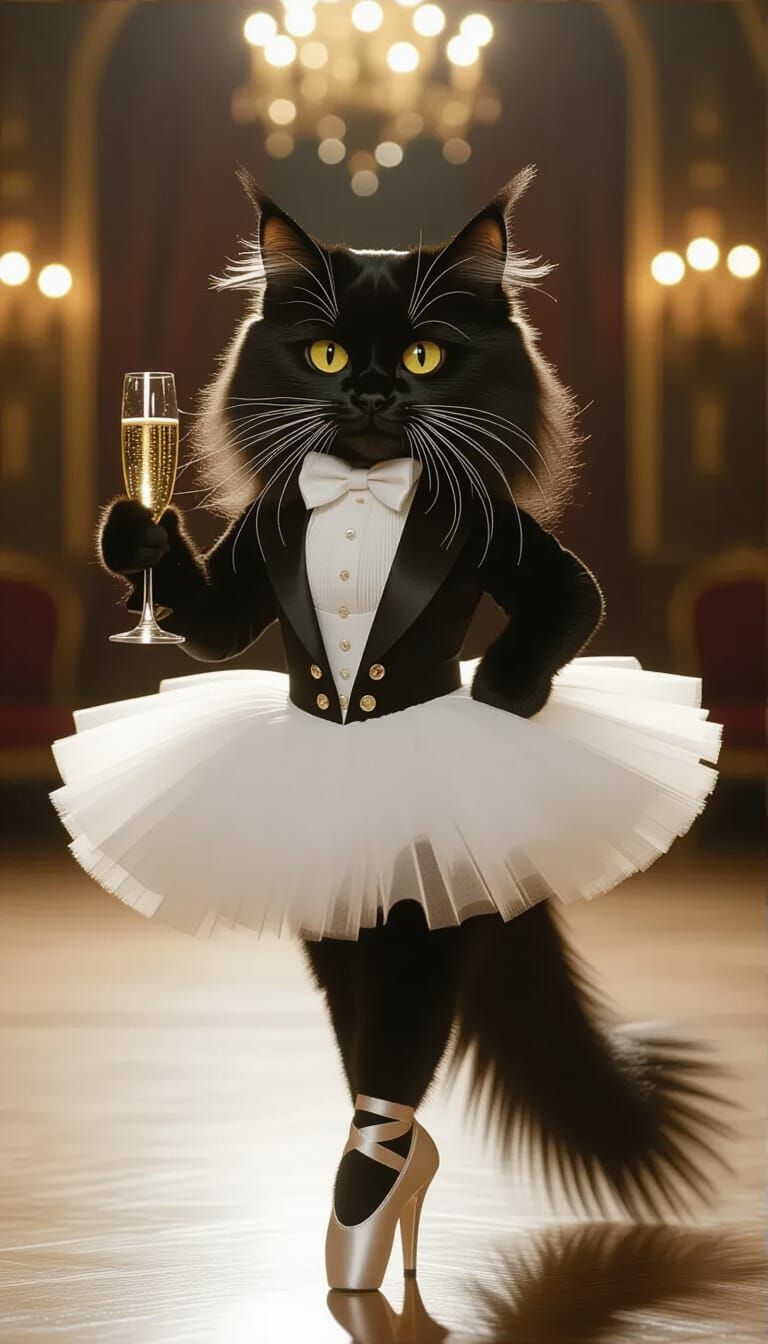 Cat Ballerina in Tuxedo and Tutu, Film Noir Style