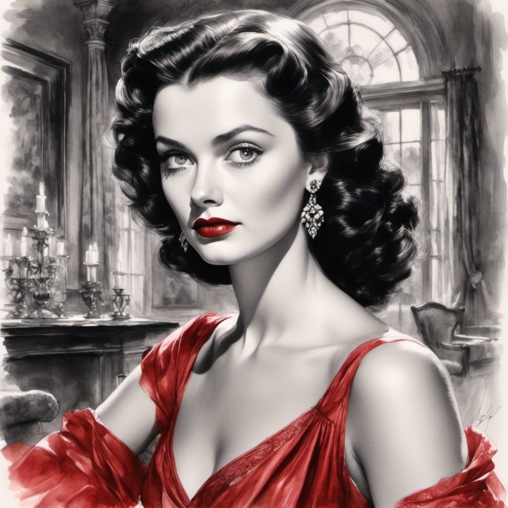 Vintage Portrait of Woman in Red Dress