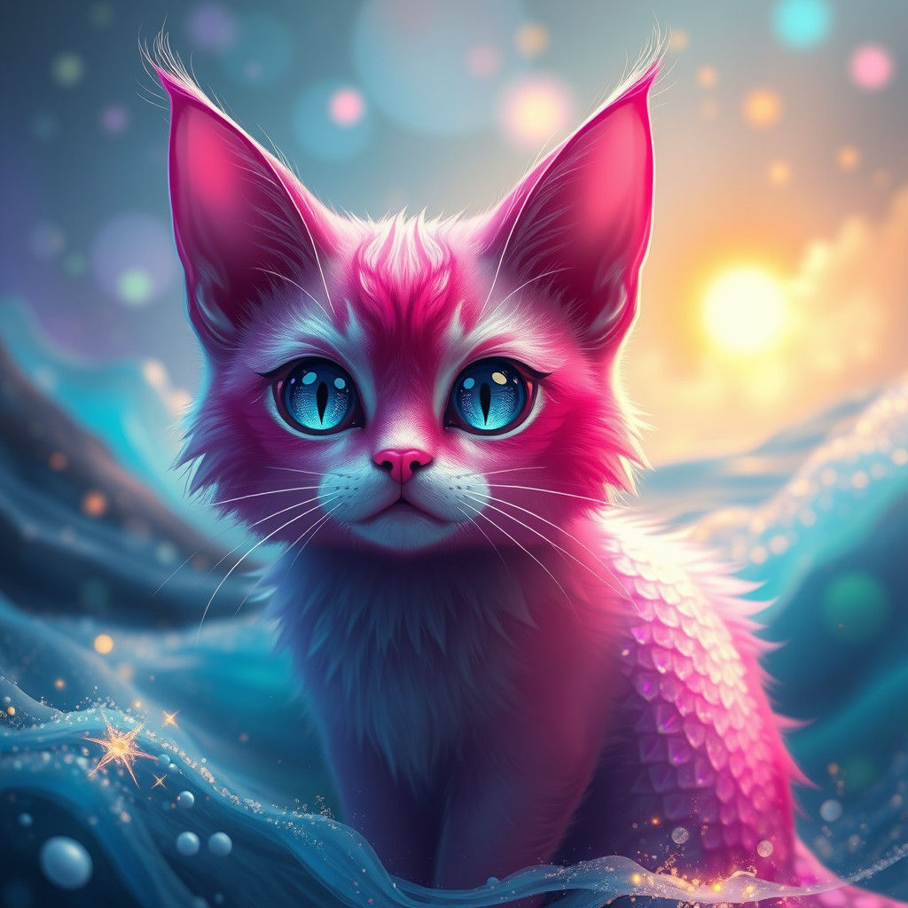 Magenta Mermaid Cat in Dreamlike Ocean, Digital Art