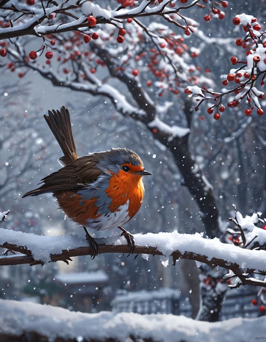 Red Robin in Snow: Detailed 3D Anime Art
