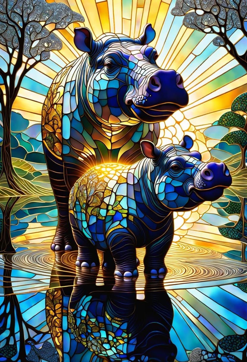 Tiffany Style Hippo and Calf Stained Glass