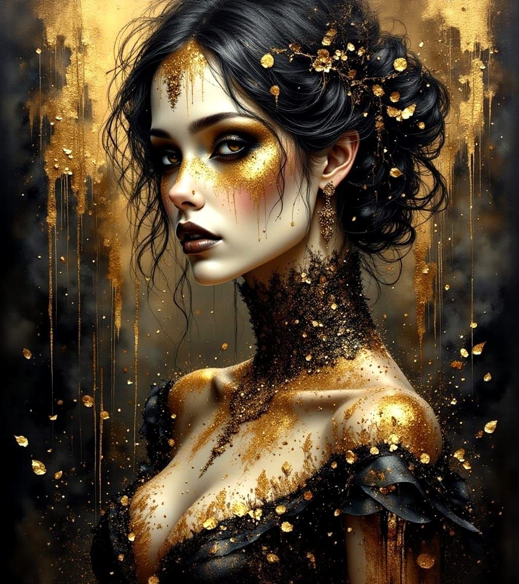 Gothic Woman with Gold Accents in Ink Crosshatching