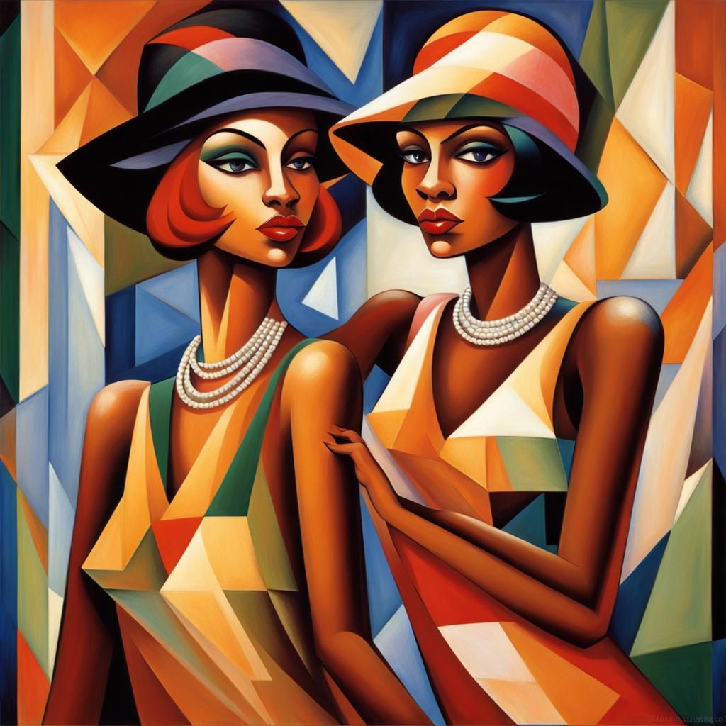 Flapper Girls in Nightclub: Abstract Cubist Style