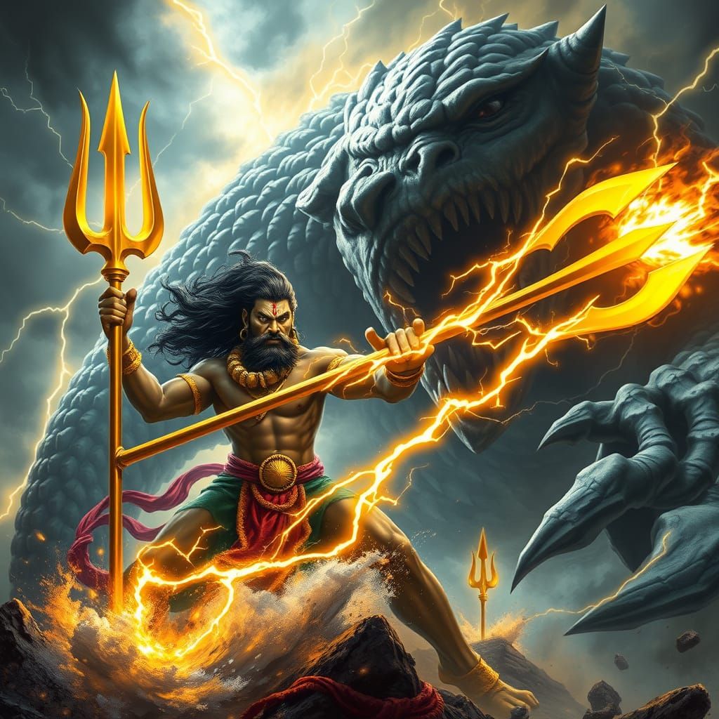 God of Chaos Confronts a Twisted Beast in a Turbulent Storm