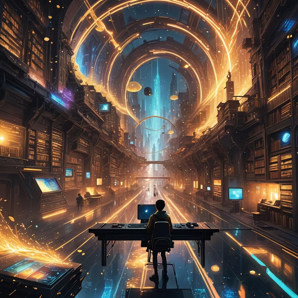 Fantasy Coder in Dreamlike Cyberpunk Cityscape