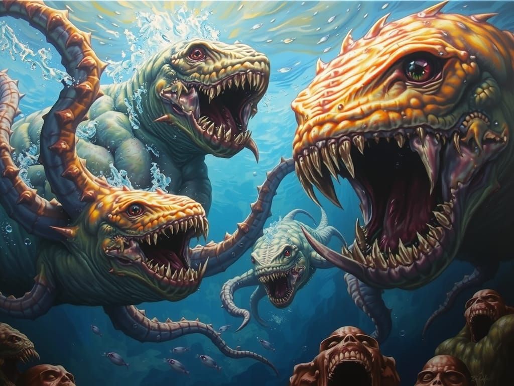 Dramatic Underwater Scene of Monstrous Sea Creatures