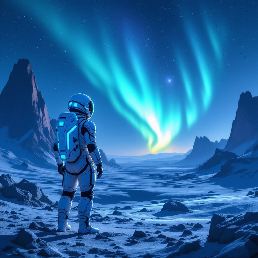 Astronaut on Alien Planet Under Nebula Sky