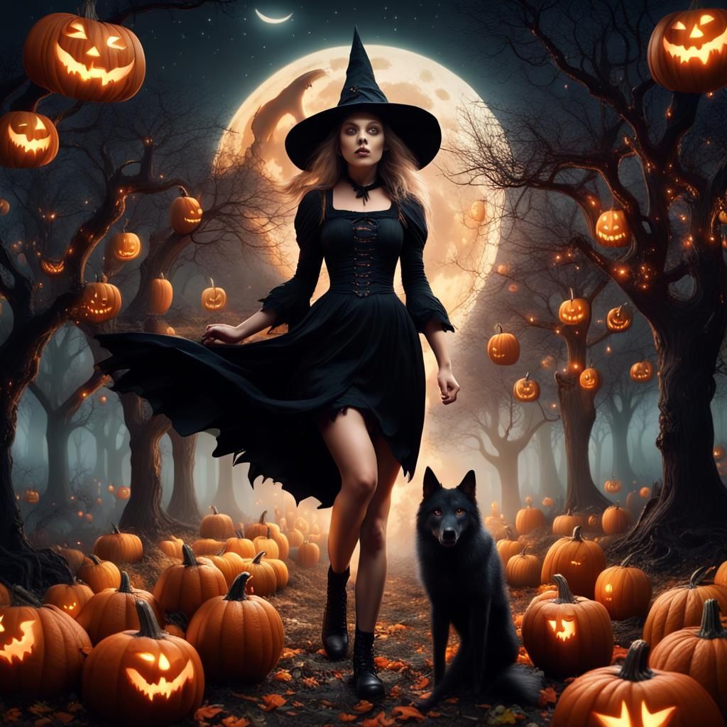 Whimsical Witch with Pumpkins, Halloween Night