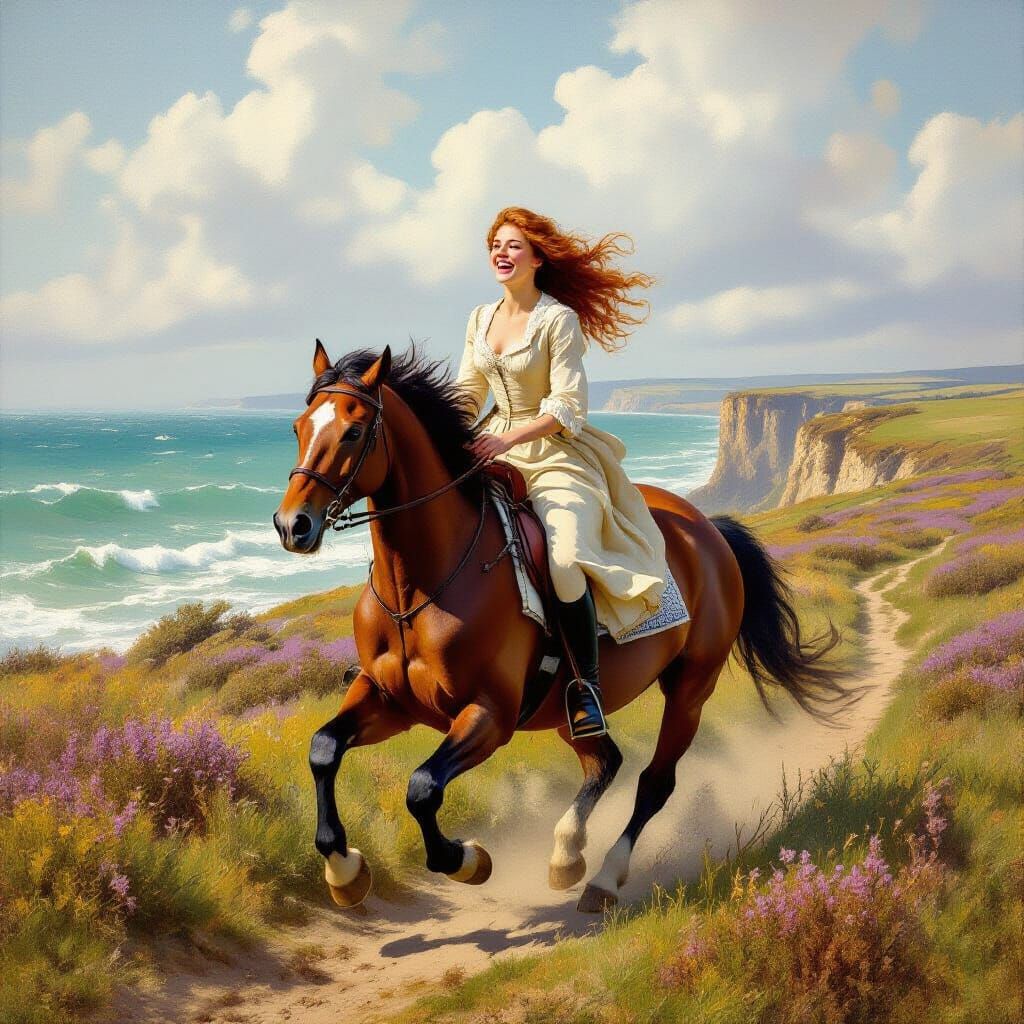 Woman Galloping Horse by Turbulent Sea, Oil Painting