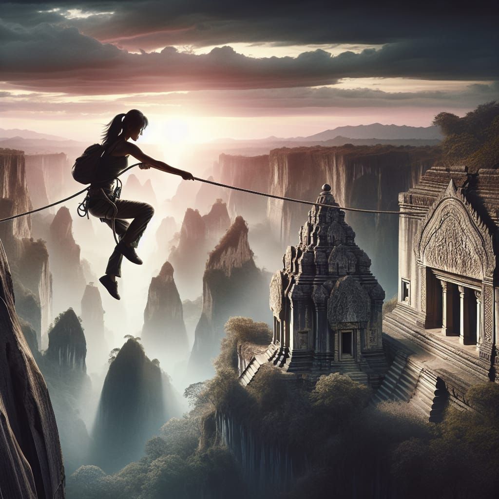 Adventurer Swings Across Canyon Towards Ancient Ruins