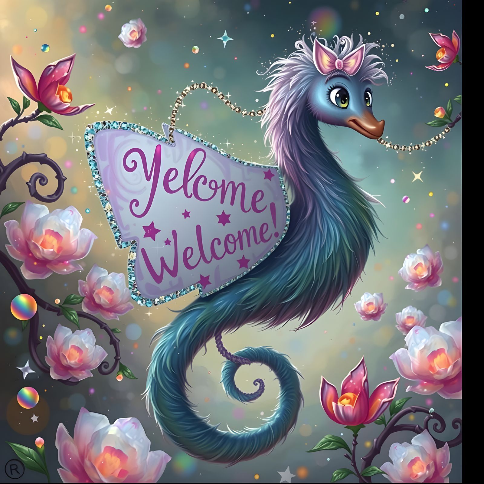 Pastel Rainbow Fluffy Creature Welcomes with Sparkly Sign