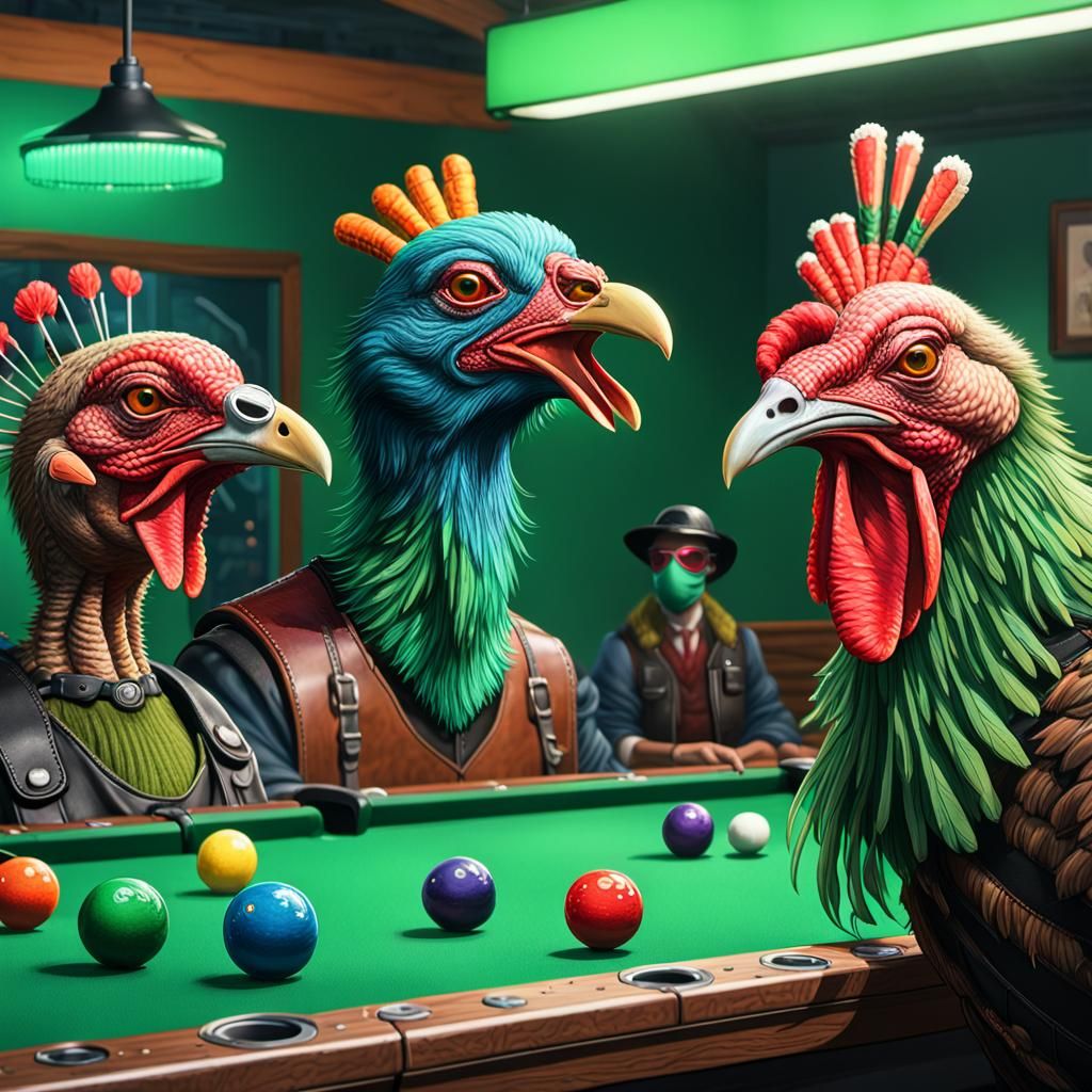 Turkeys Playing Pool in Vibrant Fantasy Art Style
