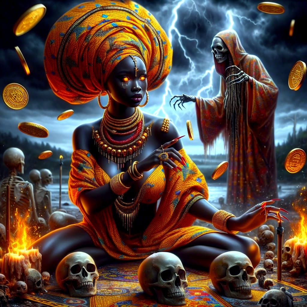 Hyperrealistic Voodoo Woman in Storm with Magic Elements