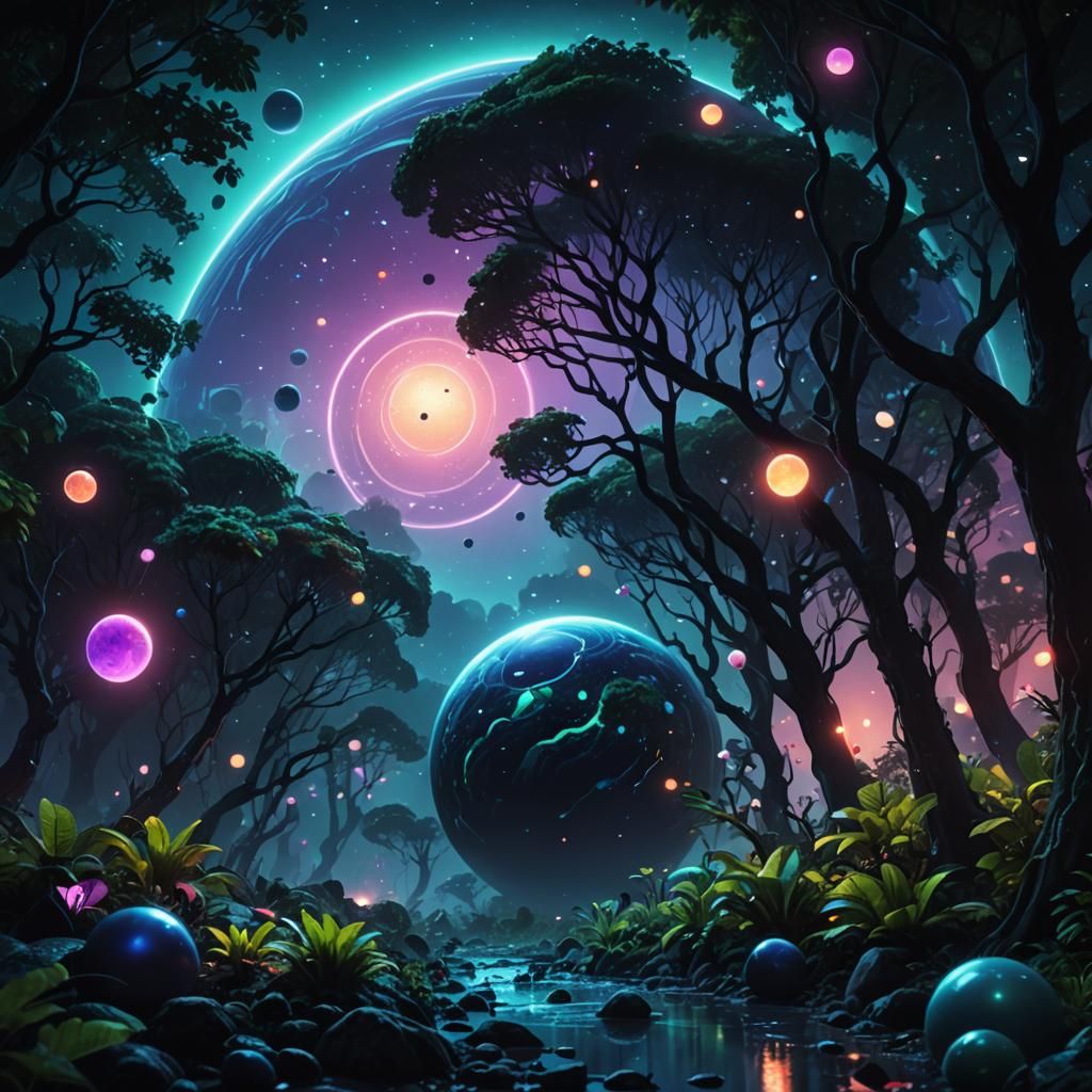 Mystical Planetary Landscape with Glowing Marbles