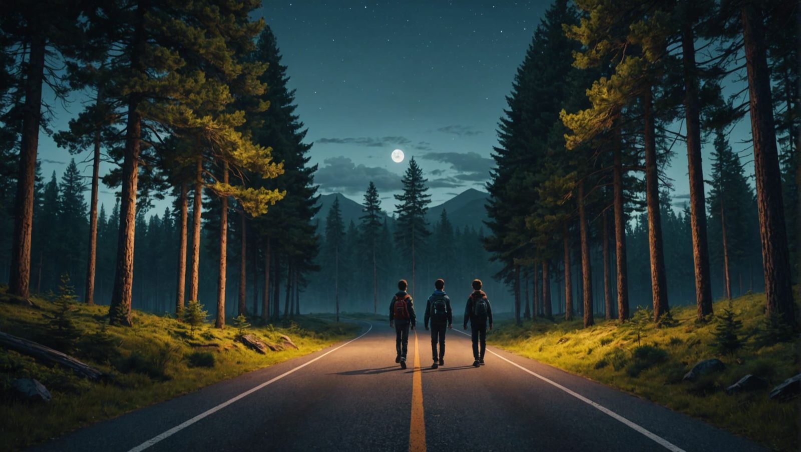 Boys Walking Through Forest at Night