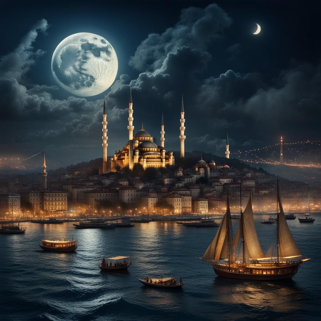 19th Century Istanbul Night: Moonlit Bosphorus