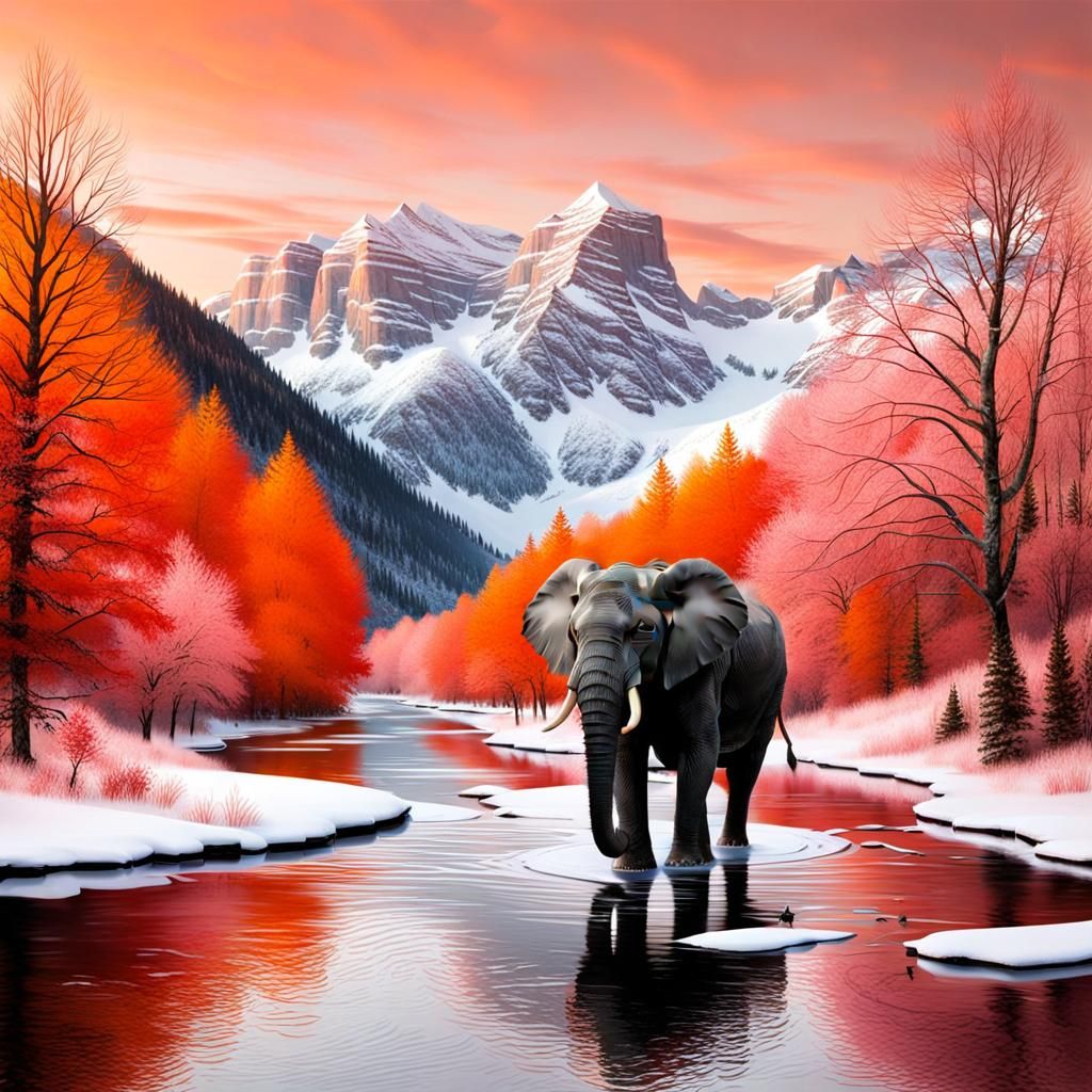 Pink Elephant Crossing Frozen River in Orange Winter