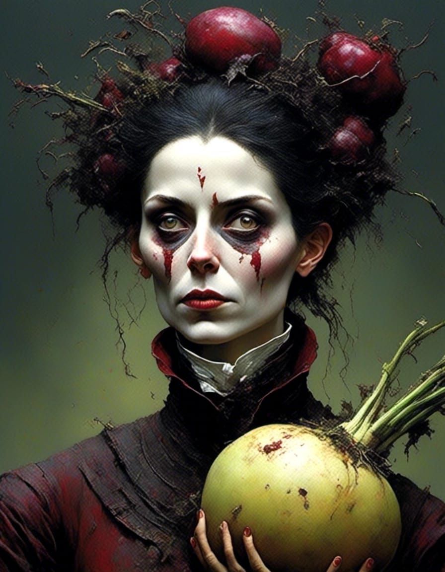 <lora:Comic1:1.0> <lora:Creature2:1.0> A woman with a big turnip for a head. Photorealistic. Hyperdetailed.