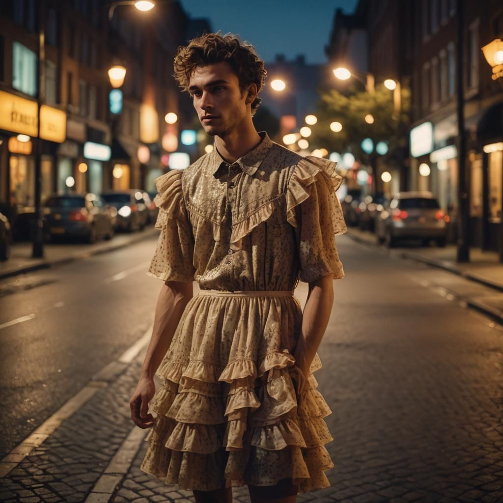 Young Man in Frilly Dress in Cinematic Twilight