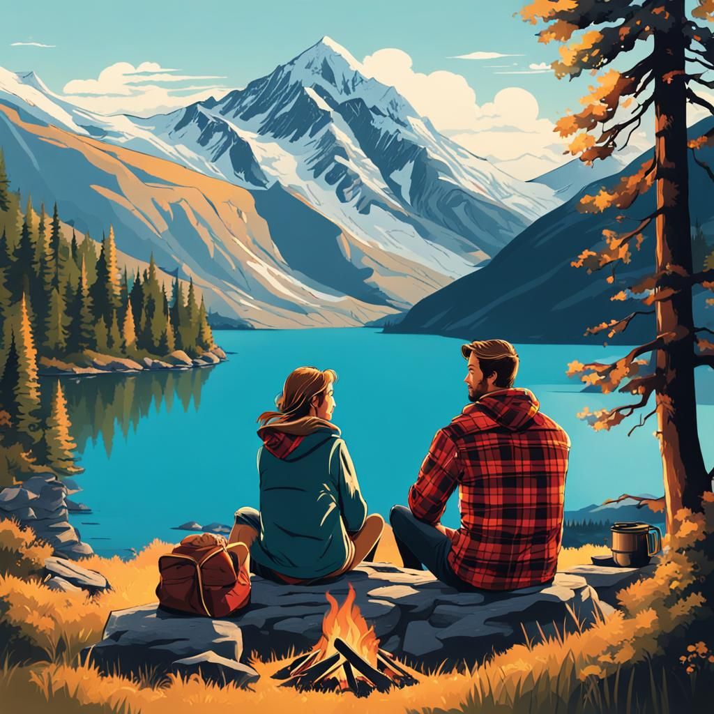 Mountain Lake Campfire Scene