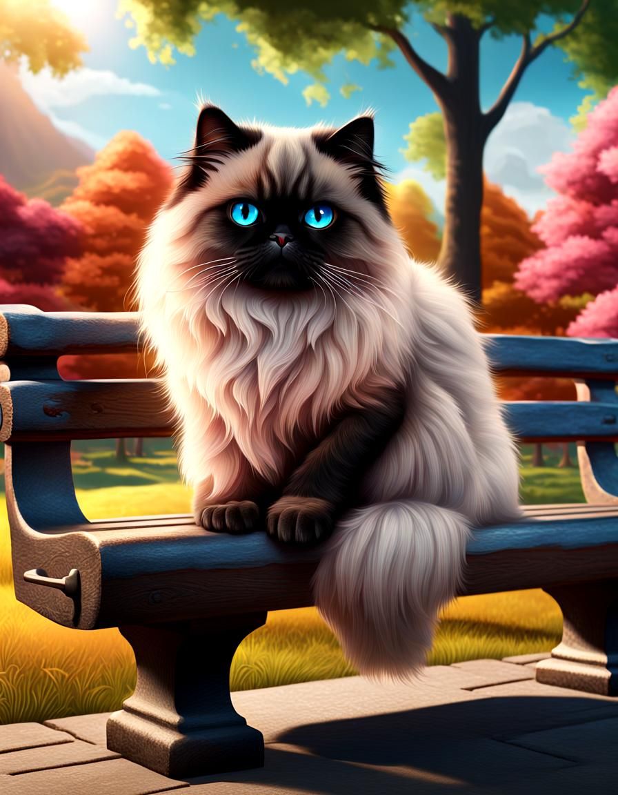 Himalayan Cat on Park Bench: Detailed Matte Painting