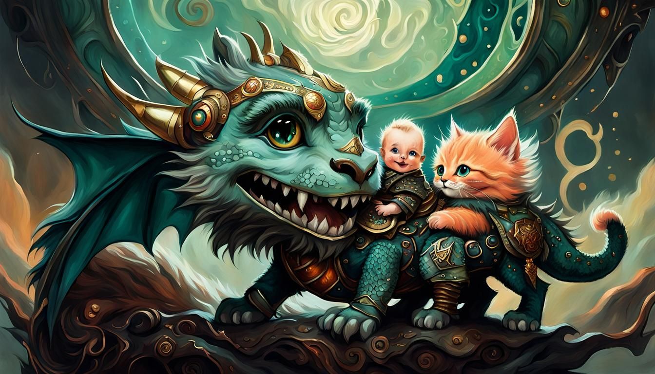 Futuristic Viking Baby with Dragon-Kitten, Tim Burton Style