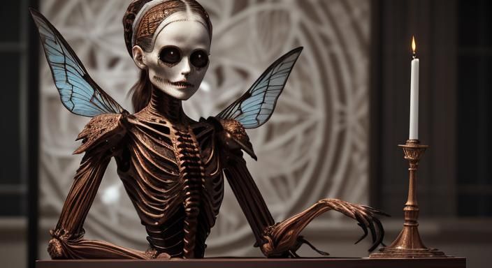 Insectile Bone Fairy in Mahogany Box, Biomechanical Art