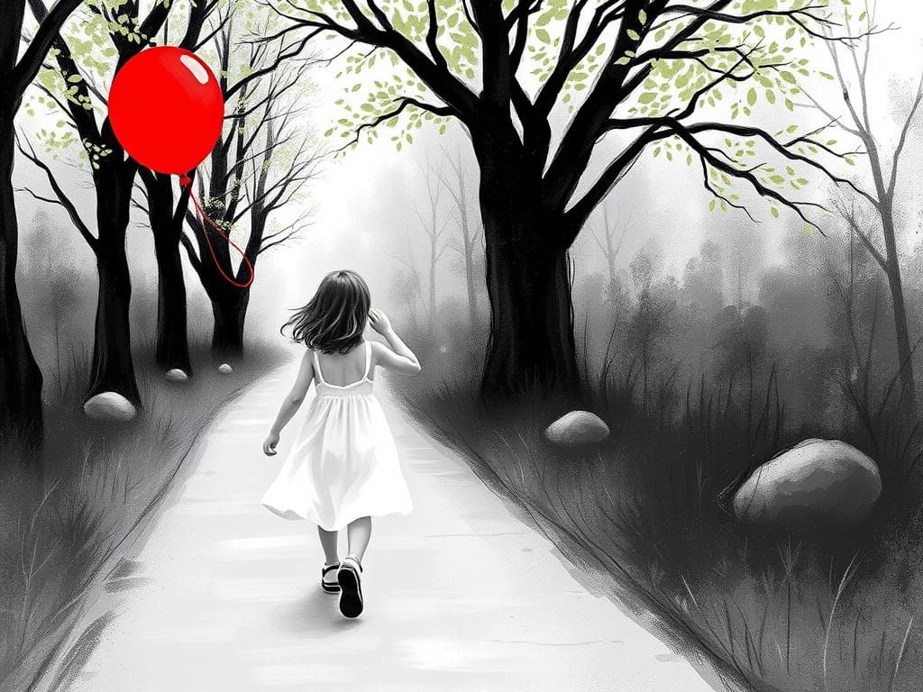 Girl with Red Balloon in Monochrome Impressionism