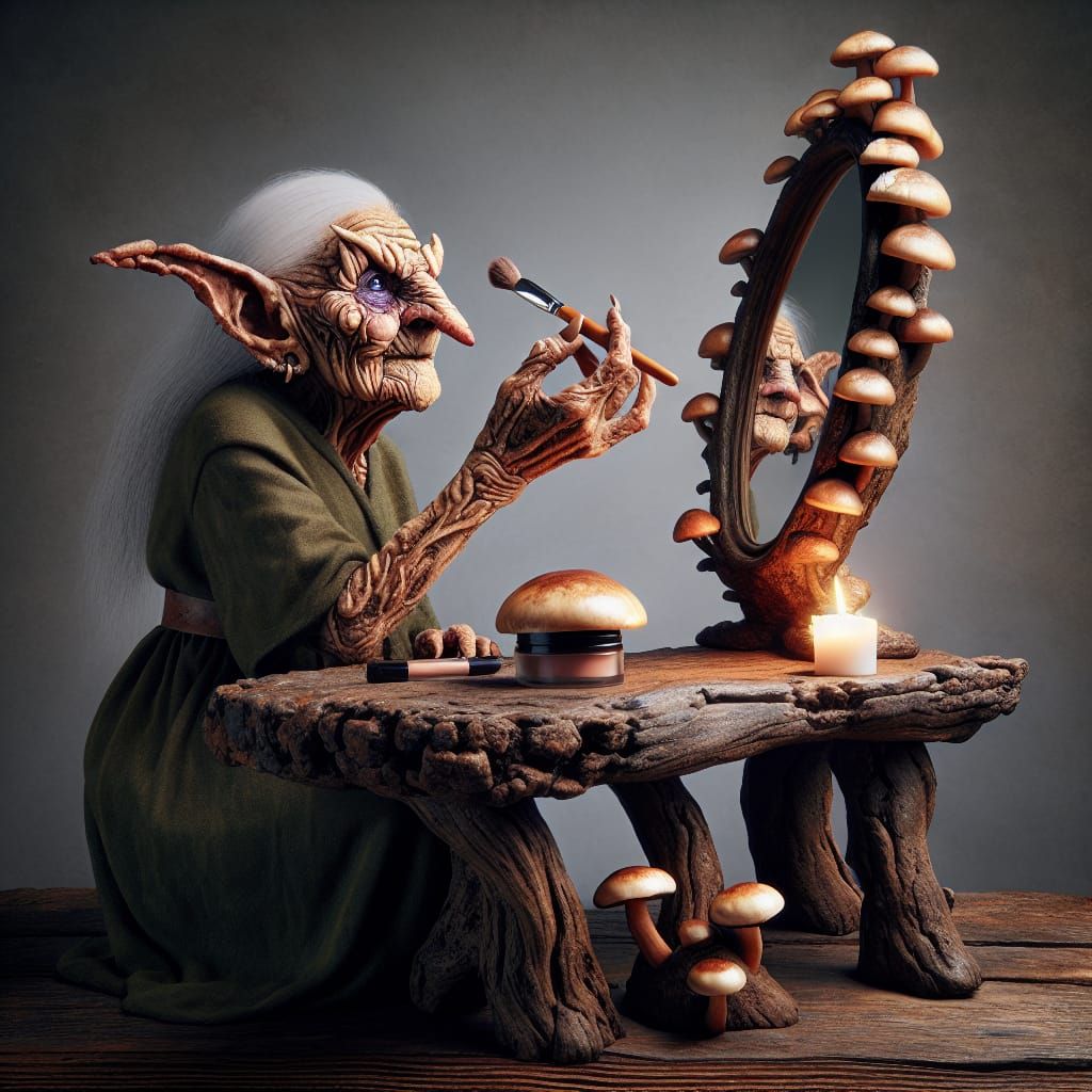 Elderly Goblin Applying Makeup in Photorealistic Style