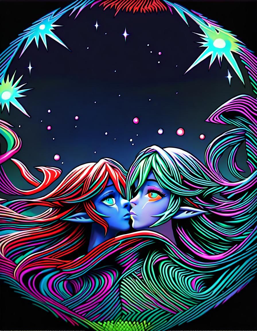 Emerald Eyed Elf Stargazing in Nebula, Cel Shaded