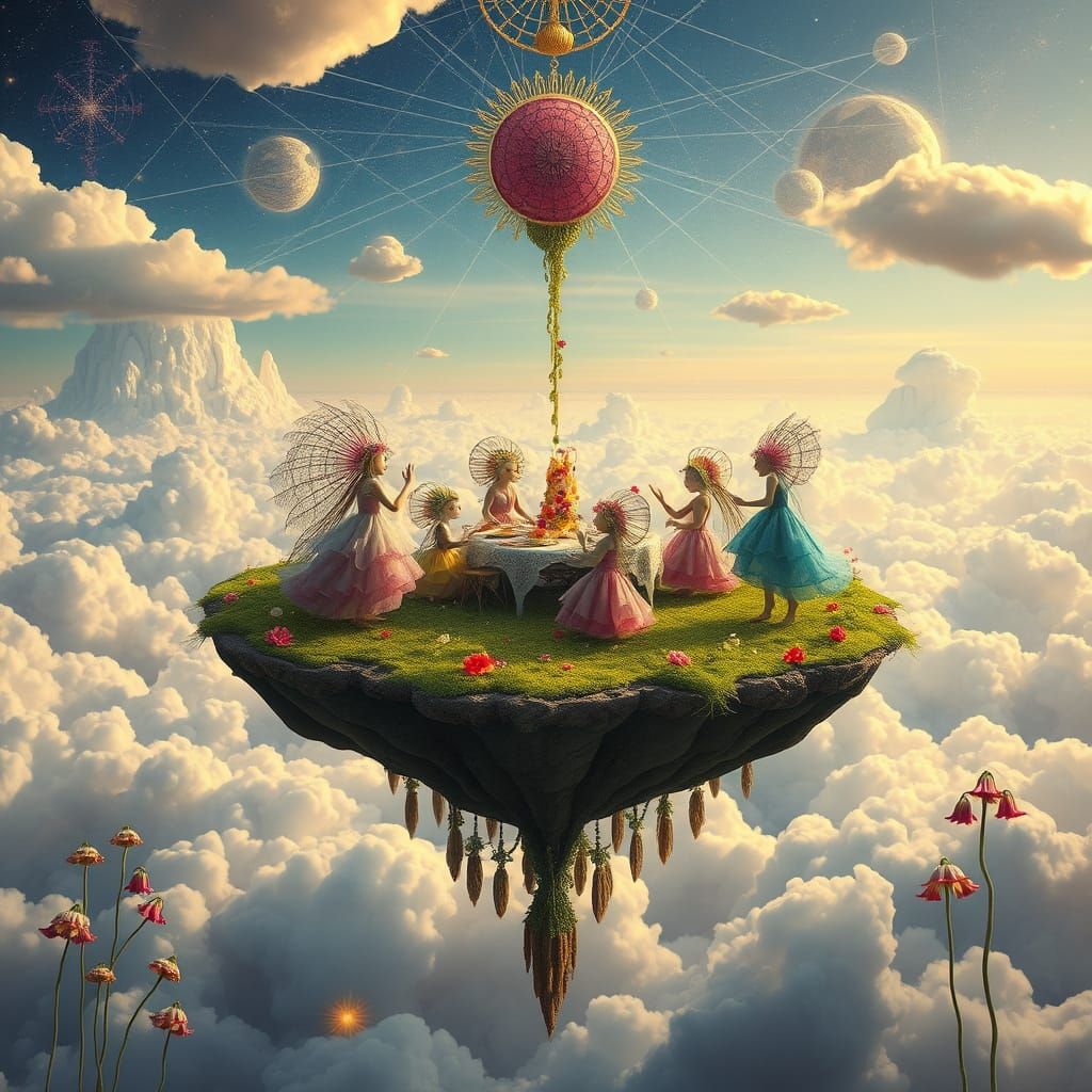 Surreal Tea Party on Floating Island, Psychedelic Art