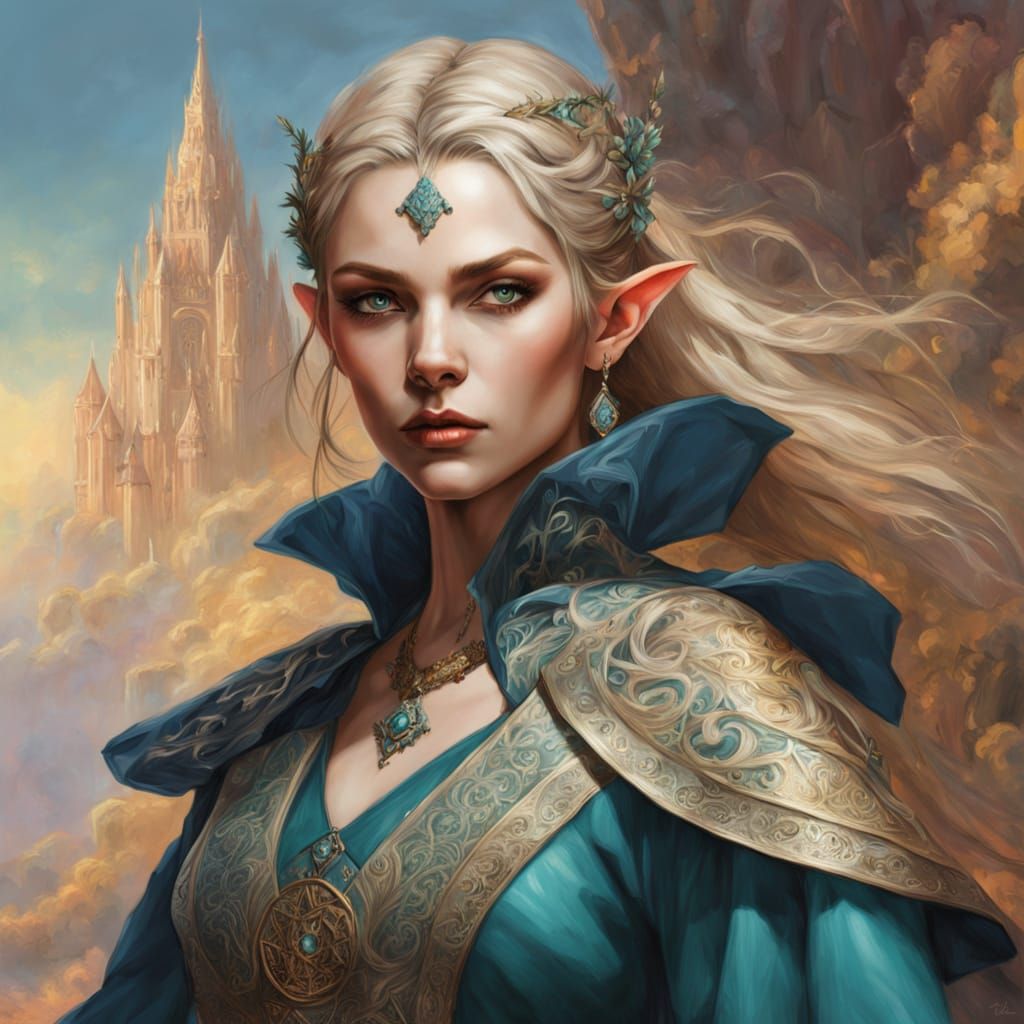 Elegant Elf Sorceress Portrait in Oil Painting Style